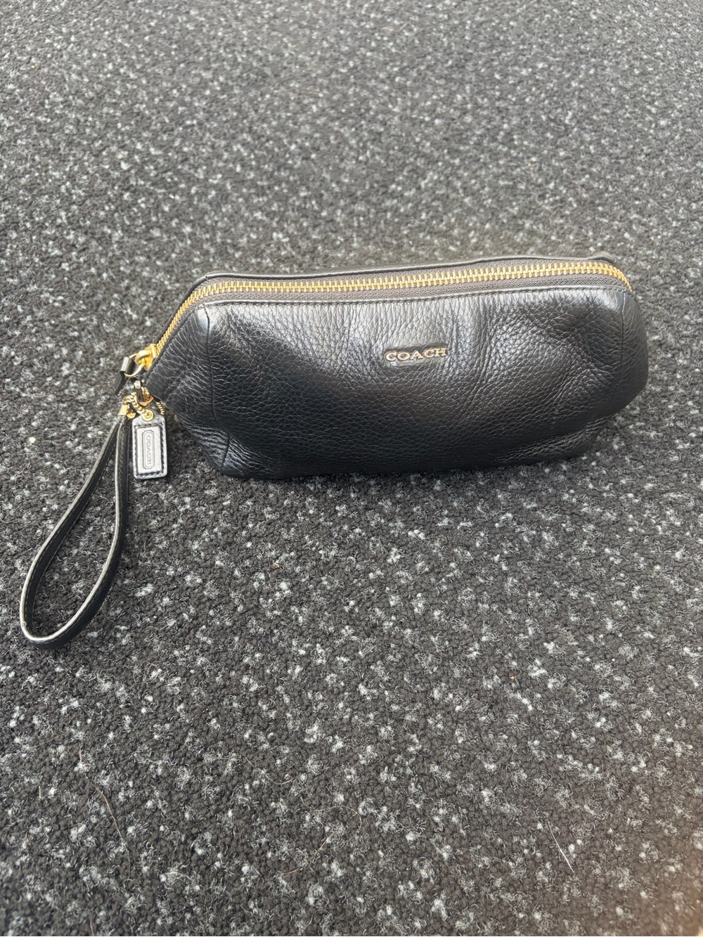 Coach Black Leather Wristlet Pouch with Gold Hardware Accent